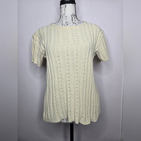 EDDIE BAUER Womens Cream Short Sleeve Sweater Size Medium Round Neck - Picture 1 of 5